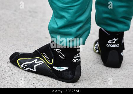 Montreal, Canada. 18th June, 2023. The racing boots of Fernando Alonso (ESP) Aston Martin F1 Team. 18.06.2023. Formula 1 World Championship, Rd 9, Canadian Grand Prix, Montreal, Canada, Race Day. Photo credit should read: XPB/Press Association Images. Credit: XPB Images Ltd/Alamy Live News Stock Photo