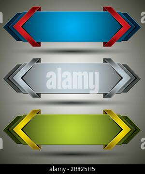 Horizontal 3d banners finished with arrows, set of color versions, vectors collection. Stock Vector