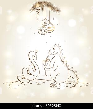 New year vector hand drawn background with snake and dragon Stock Vector