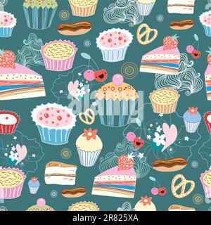 seamless graphic pattern of delicious cakes on a dark green background Stock Vector