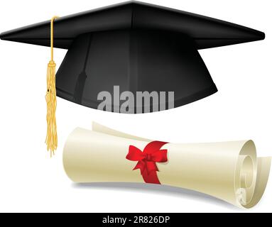 Black graduation cap, mortarboard and diploma scroll, made with gradient mesh Stock Vector