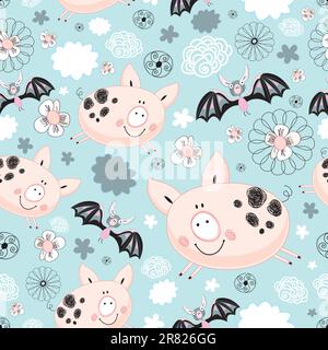 seamless graphic design with pigs and bats on a blue background with clouds Stock Vector