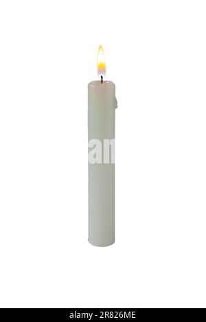 Pillar wax candle burning on white background Stock Photo - Alamy