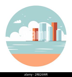 Sea coast and beach. Seagulls in the sky. City on the horizon. Round cartoon illustration with summer mood. Stock Vector