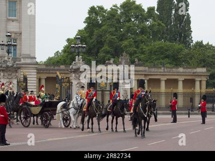 King Charles III Prince William Prince Edward Princess Anne Mounted on Horseback with Queen Camilla and Princess of Wales Trooping The Colour Color Stock Photo