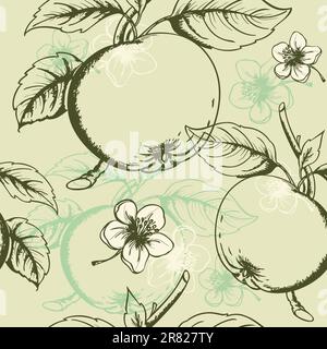 Vector seamless pattern with green apples and flowers Stock Vector