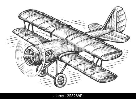 Retro airplane flying in the sky. Biplane with piston engine sketch. Vintage transport illustration Stock Photo