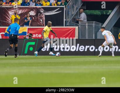 Moises Caicedo (23) of Ecuador controls ball during friendly game against Bolivia on Red Bull Arena in Harrison New Jersey on June 17, 2023 Stock Photo