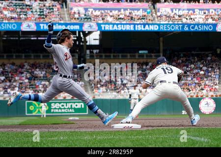 Minnesota Twins first baseman Alex Kirilloff catches a throw for