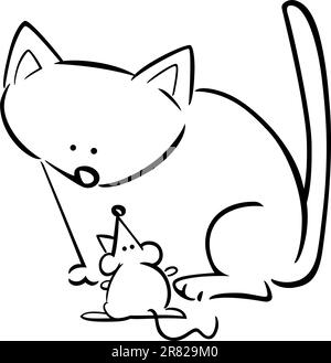 cartoon doodle illustration of kitten and mouse for coloring book Stock Vector
