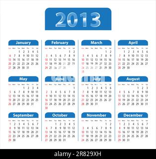 Blue glossy calendar for 2013. Sundays first. Vector illustration Stock Vector