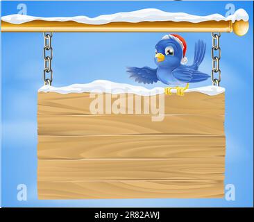 Cartoon happy smiling bluebird wearing a Christmas Santa hat sat on a snowy sign Stock Vector