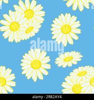 Seamless texture of chamomile. Illustration of the designer on blue background Stock Vector