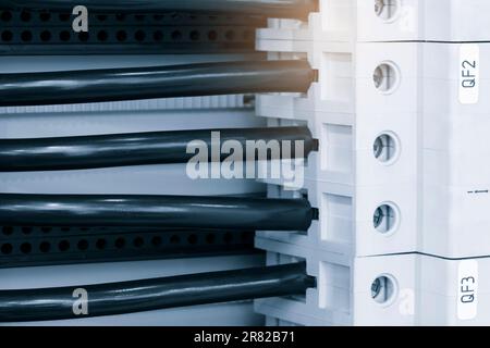 Box for wires of distribution of an electricity, PLC Control panel with wiring, lectric control panel enclosure for power and distribution electricity Stock Photo