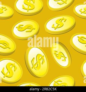 Seamless pattern of shiny gold coins falling with a gold background. Stock Vector