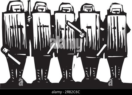 Line of riot police with batons and shields. Stock Vector