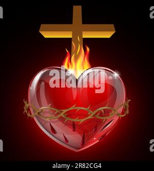 Illustration of the Most Sacred Heart of Jesus. A bleeding heart with flames, pierced by a lance wound with crown of thorns and cross. Stock Vector