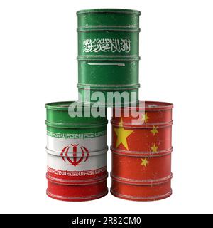 Old Oil Drums with China, Saudi Arabia and Iran national flags. 3D Rendering Stock Photo