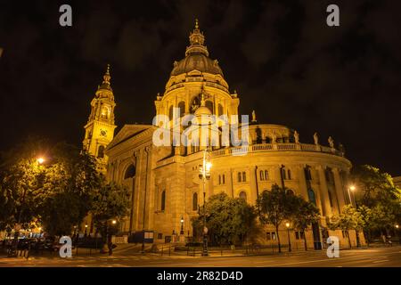 Budapest, Hungary – May 21, 2023. Basilica of St Stephen in Budapest, Hungary. View at night. Stock Photo