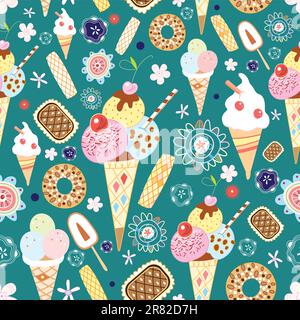 card with multi-colored ice cream on a decorative background Stock Vector