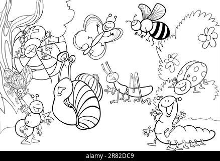 cartoon illustration of funny insects on the meadow for coloring book Stock Vector