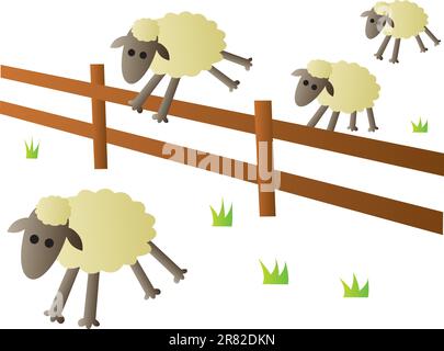Counting sheep to fall asleep vector illustration. Cute cartoon sheep ...
