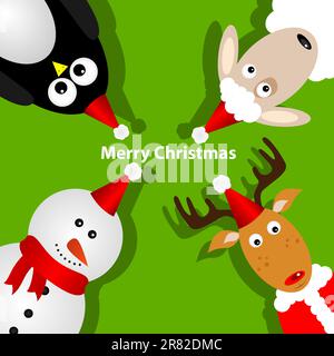 Greeting card with penguin, deer, ship and snowman Stock Vector