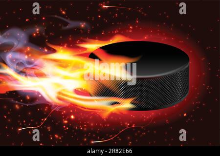 Detailed illustration of a hockey puck flying through the air on fire. Stock Vector