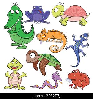 Hand-drawn cute cartoon reptiles and amphibians. Vector illustration. Stock Vector