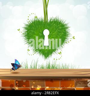 Heart of grass with keyhole over landscape Stock Vector