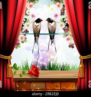 Garden with brick wall, red curtain and two swallows Stock Vector