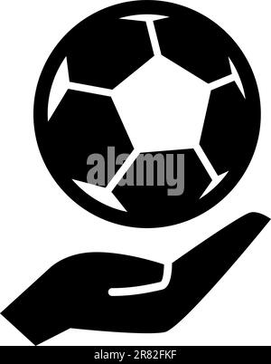 Open hand holding soccer ball, black vector icon Stock Vector
