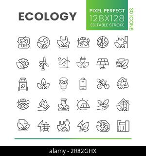 Ecology pixel perfect linear icons set Stock Vector