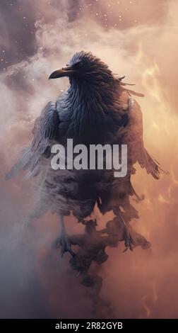 An eerie spectacle of a crow made from fire-coloured smoke. The artistically created image sets a thrilling scene, almost as if plucked from a hauntin Stock Photo