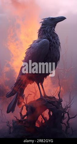 An eerie spectacle of a crow made from fire-coloured smoke. The artistically created image sets a thrilling scene, almost as if plucked from a hauntin Stock Photo