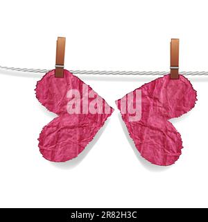 Butterfly heart crumpled ragged paper attached to a rope with pin, valentine vector illustration. Element for design. Stock Vector
