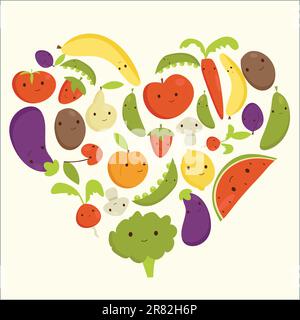 Fruits and vegetables heart shape, vector illustration Stock Vector