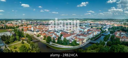 Aerial view of famous beer producer Czech city Ceske Budejovice medieval town center with colorful houses, city wall and towers by the Vltava river Stock Photo