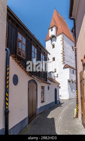 Aerial view of famous beer producer Czech city Ceske Budejovice medieval town center with colorful houses, city wall and towers by the Vltava river Stock Photo