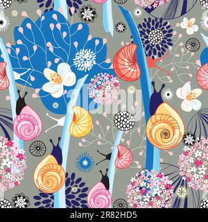 Bright floral seamless pattern with unusual snails on a brown background Stock Vector