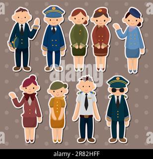 cartoon flight attendant/pilot stickers Stock Vector