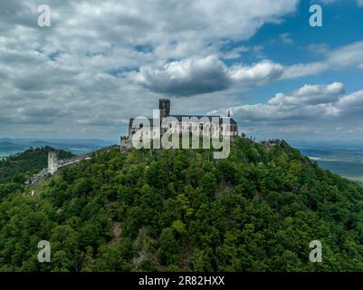 Aerial view of Bezdez Gothic medieval castle ruin in the Czech Republic with circular tower and palace Stock Photo