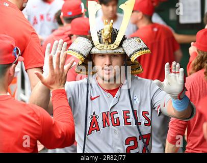 May 17, 2019: Los Angeles Angels center fielder Mike Trout (27) walks in  the outfield during pregame before the game between the Kansas City Royals  and the Los Angeles Angels of Anaheim