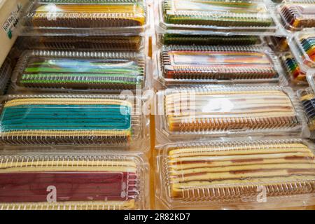 close-up of Kek Lapis Sarawak, traditional layered cake very popular in Kuching Sarawak Borneo.  Stock Photo