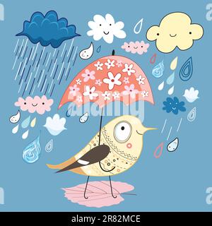 funny bird under an umbrella on a blue background with clouds and rain Stock Vector