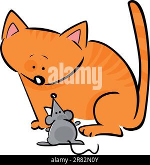 cartoon doodle illustration of kitten and mouse Stock Vector