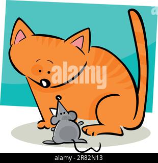 cartoon doodle illustration of kitten and mouse Stock Vector