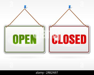 White hanging signs for storefront with Open and Closed text in green and red Stock Vector