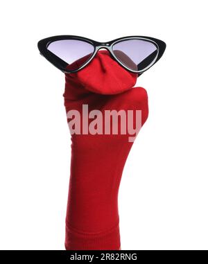 Funny sock puppet with sunglasses isolated on white Stock Photo