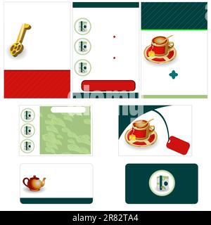 Tea stationary template - brochure design, flyer  design and business card design in one package and fully editable. Stock Vector